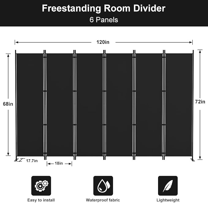 Kokorona 6 Panel Room Divider, 6FT Tall Folding Privacy Screen Wall Dividers - Image 2