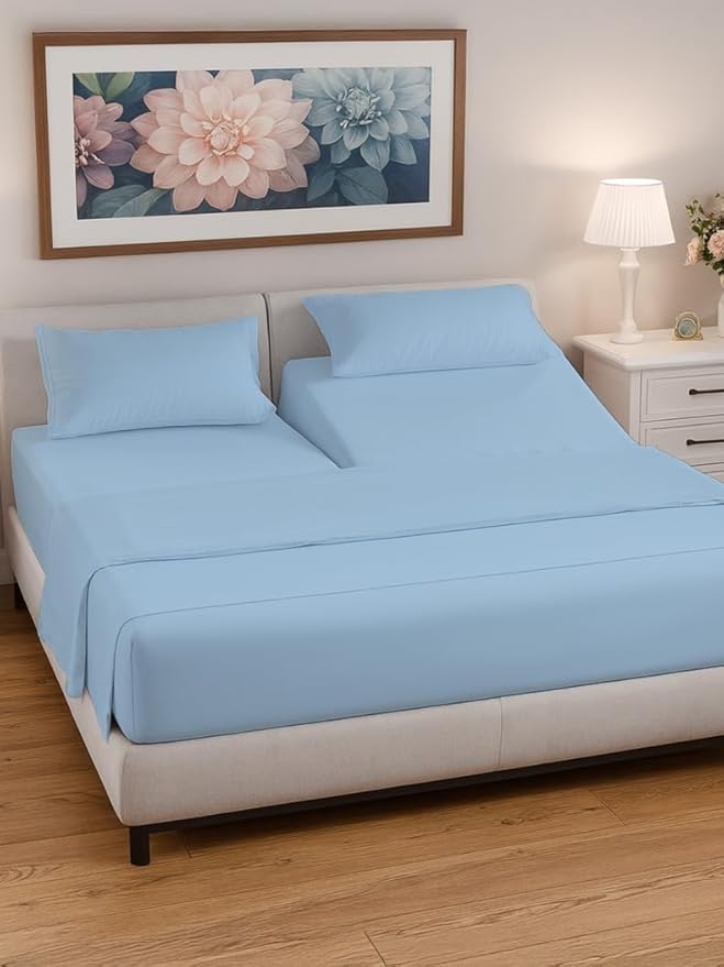 Split Head King Sheet Set – 4 Piece Flex Split Top King Sheets for Adjustable Beds - Fits 14” to 16" Mattress w/ Deep Pockets - Soft, Breathable & Cooling - Luxury Bedding & Wrinkle Free - Light Blue