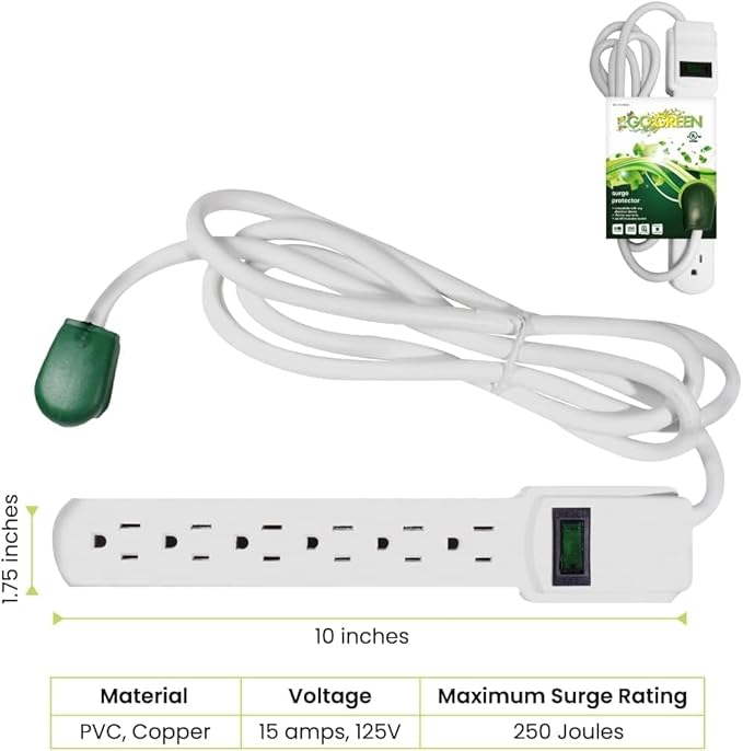 GoGreen Power Inc. (G-16106MS-2) 6 Outlet Surge Protector, 6FT Cord, White, 2 Pack