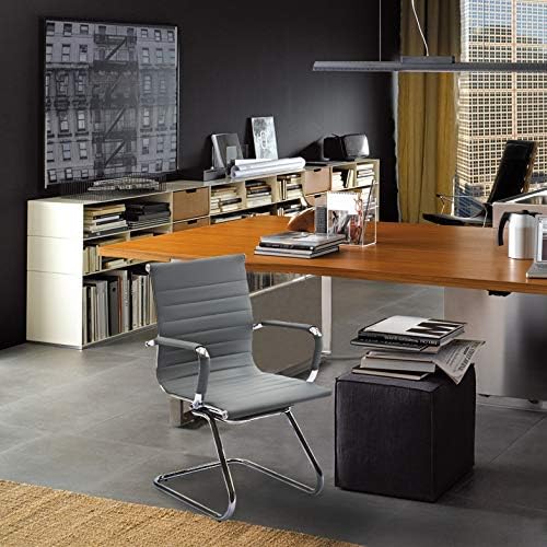 Wahson Office Guest Chairs Set of 2, Leather Reception Chairs, Mid Back Waiting Room Chair, Conference Chairs with Sled Base, Desk Chair No Wheels for Meeting/Lobby/Restroom, Grey
