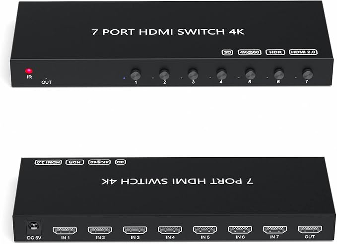 RuiPuo 7Port HDMI Switcher 4K@60Hz 5In 1Out HDMI Selector with IR Remote Supports Full HD 4K/1080P/3D & HDCP2.2 for Switch,Xbox,PS4/PS5,Fire Stick,Roku,Apple TV etc.
