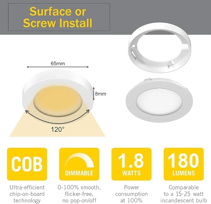 VST Under Cabinet Lights Plug in with Wired Touch Dimmer Switch,Recessed or Surface Mount,Natural White 3000K 12V 2W(12W Total, 60W Equivalent),6 Pack White Puck Lights Fixtures