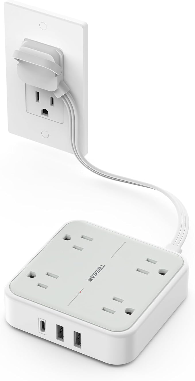 TESSAN Surge Protector Flat Extension Cord 1 Ft, Ring Plug Power Strip | 4 by TESSAN