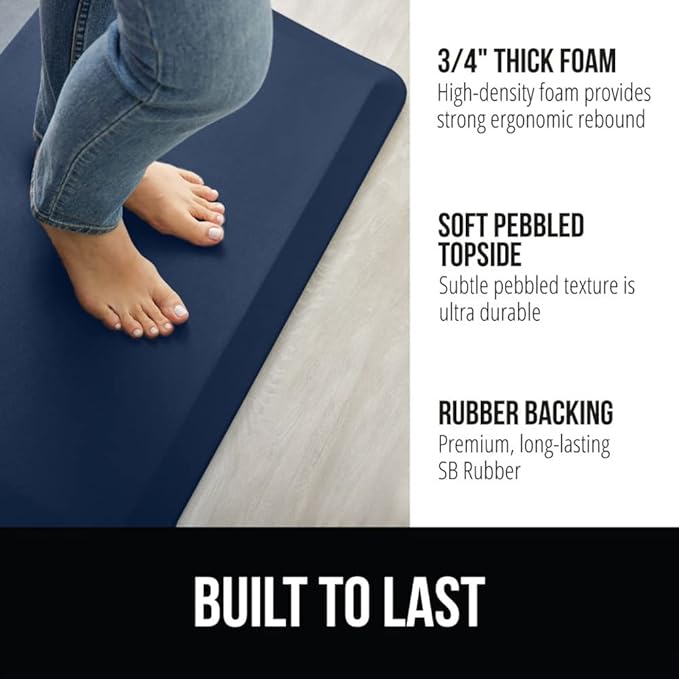 GORILLA GRIP Comfortable Cushioned Kitchen Mats for Floor, 48x20, Waterproof and Stain Resistant Soft Top, 3/4 Inch Thick Ergonomic Standing Desk Anti Fatigue Mat, Foam Supports Ankles and Feet, Navy