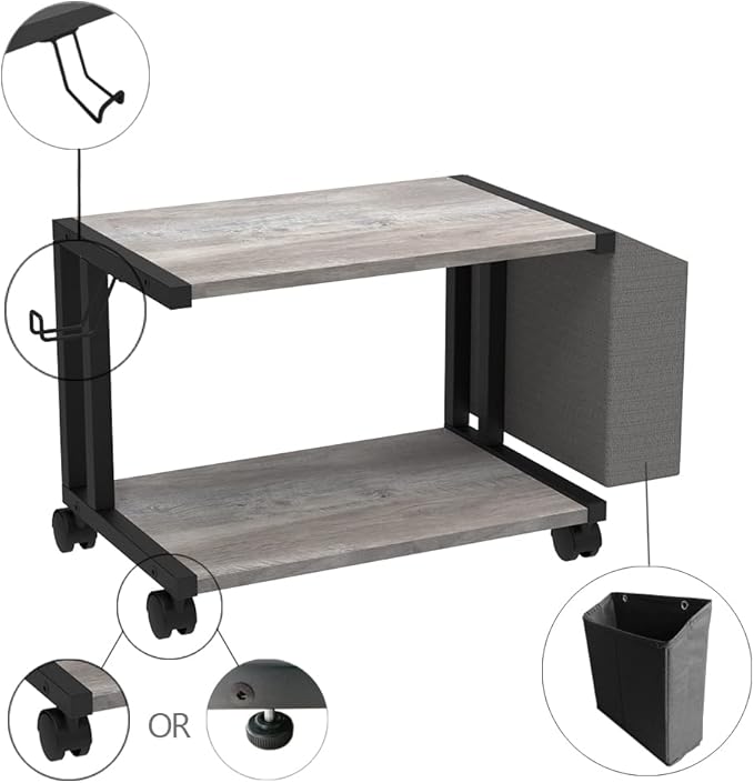 VEDECASA 2 Tier Vintage Greige Wooden Under Desk Printer Stand with Storage Bag for Home Office Desktop Printer Table Organizer Mobile Printer Shelf Cart with Caster Wheel