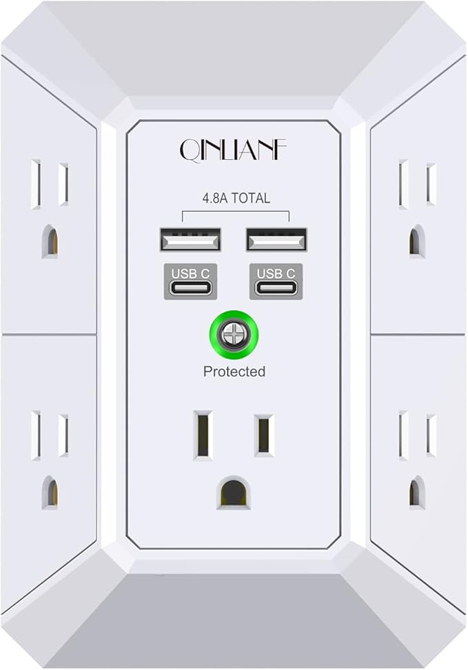 USB Wall Charger, Surge Protector, QINLIANF 5 Outlet Extender with 4 USB Charging Ports (4.8A Total) 3-Sided 1680J Power Strip Multi Plug Outlets Wall Adapter Spaced for Home Travel Office(2U2C),White
