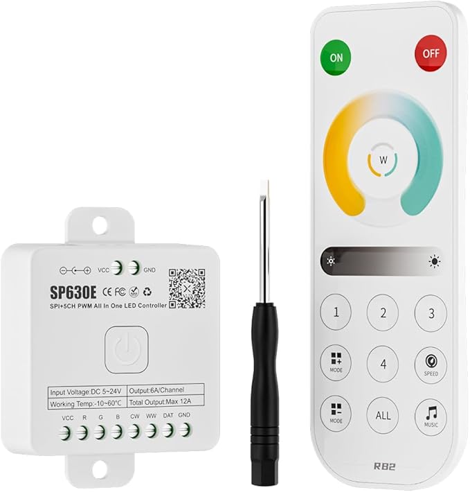 BTF-LIGHTING SP630E Bluetooth Controllers 4 Zones 2.4GHz RF RB2 Remote Kit Support FCOB COB SMD PWM or SPI CCT Dual White Tunable Color Temperature LED Strip WS2811 IC etc DC5V DC12V DC24V