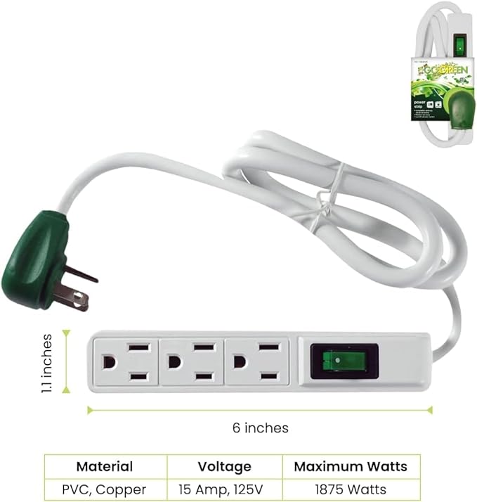 GoGreen Power Inc. (G-13002MS-2) 3 Outlet Power Strip, 2.5FT Cord, White, 2 Pack