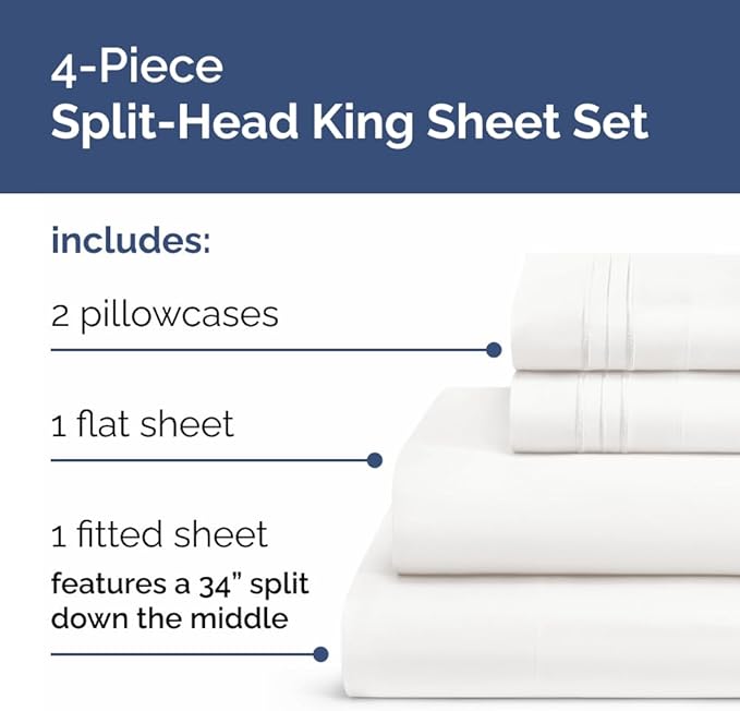 Split Head King Sheet Set – 4 Piece Flex Split Top King Sheets for Adjustable Beds - Fits 14” to 16" Mattress w/ Deep Pockets - Breathable & Cooling - Luxury Bedding and Wrinkle Free - Antique White