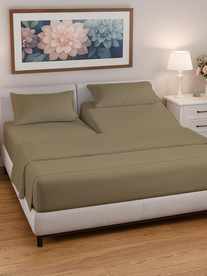 Split Head King Sheet Set – 4 Piece Flex Split Top King Sheets for Adjustable Beds - Fits 14” to 16" Mattress w/ Deep Pockets - Ultra-Soft, Breathable & Cooling - Luxury Bedding & Wrinkle Free - Khaki