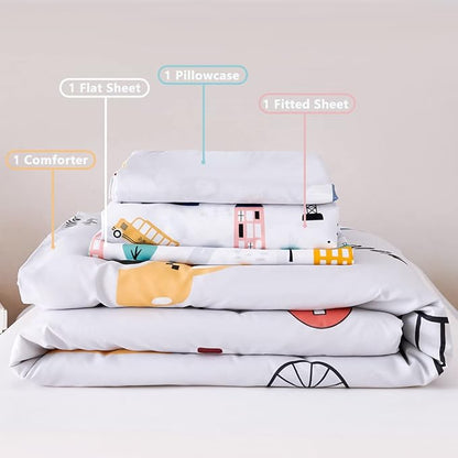 PERFEMET 4 Pcs Toddler Bedding Set - Soft Reversible Cars, Bus, Trucks Print Toddler Bed Set for Boys & Girls - Matching Sheet Set (Light Grey, Taxis/Bus/Trucks)