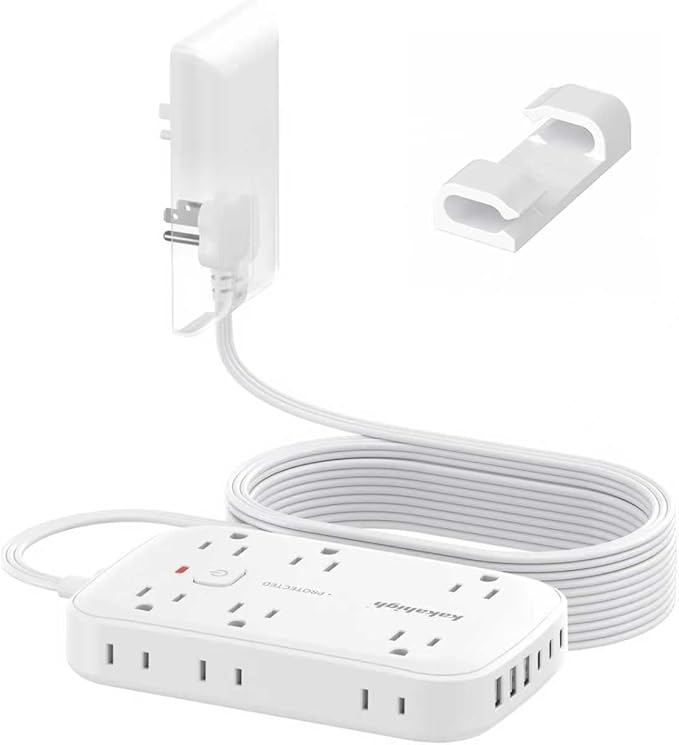 25FT Extension Cord with Outlet Cover & Multi USB, Ultra Thin Outlet Concealer with Cord & 12AC Outlet 6 USB (24W/4.8A), Charging Station for Multiple Devices, for Behind Wall Furniture Couch TV