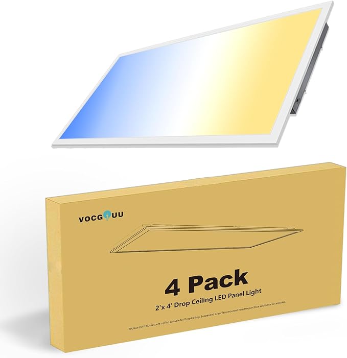 VocgoUU 4 Pack 2x4 LED Flat Panel Light Fixture, Drop Ceiling Office Lights 3000K/4000K/5000K Switchable, 30W/40W/50W Selectable, 0-10V Dimmable, Dustproof, ETL
