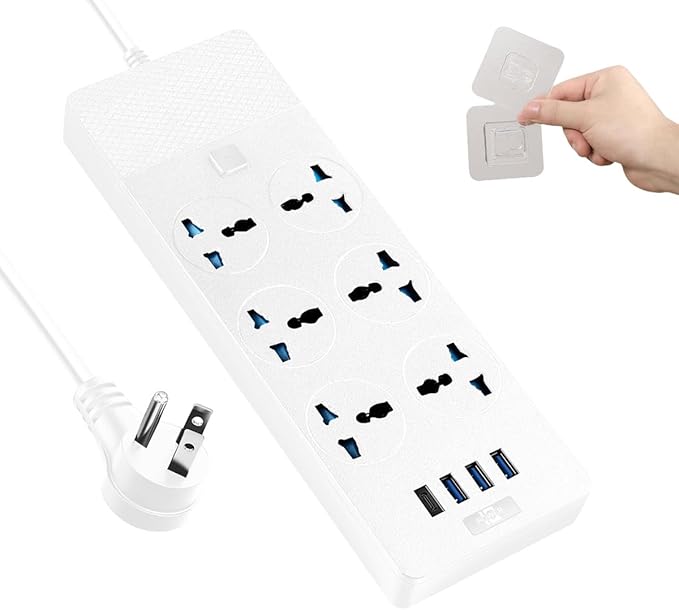 International Power Adapter with 6 Universal Outlet 4 USB Ports (1 USB C), Jumpso 6ft Travel Power Strip, EU UK to US Plug Adapter, 110-240v, 3000w Extension Cord for Home Office White
