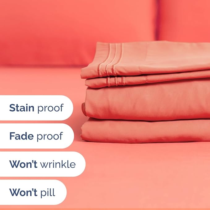 Full XL Bed Sheet Set - 4 Piece Extra Long Extended Full XL Sheets - Soft, Breathable & Cooling - Fits 8" to 16" Mattress with Deep Pockets - 54" x 80" - Easy-Fit, Wrinkle and Fade Resistant - Coral