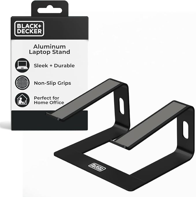 BLACK+DECKER Laptop Stand for Computer Desk, Ergonomic Laptop Stand for Desk, Lap top Riser Compatible with MacBook Notebook, Lap top Holder, Durable Aluminum Computer Riser Accessories, Black