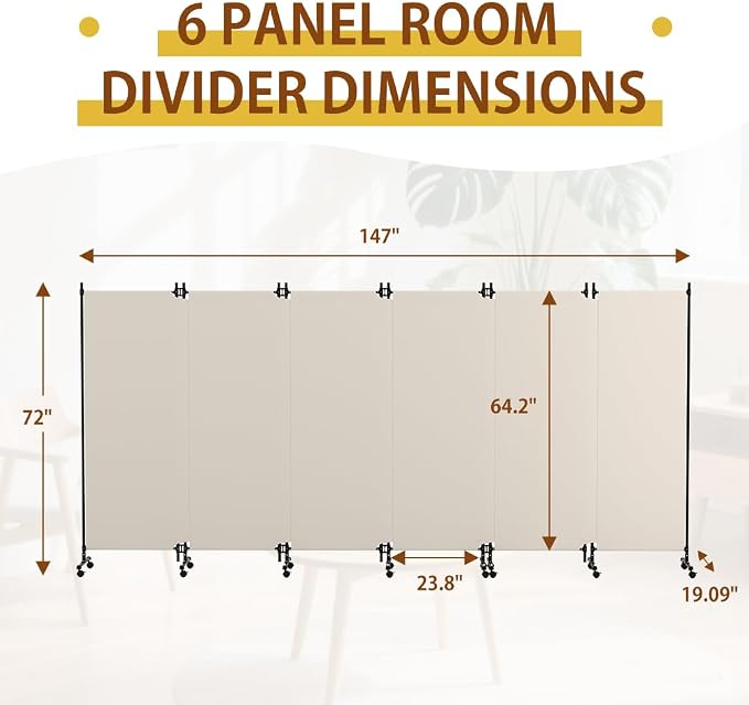 6 Panel Room Divider with Lockable Wheels, Freestanding Partition Room - Image 2