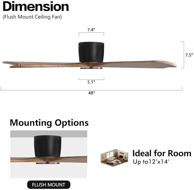 WINGBO 48" Flush Mount DC Ceiling Fans without Lights, 5 Carved Solid Wood Blades, 6-Speed Reversible DC Motor, Low Profile Hugger Ceiling Fan No Lights for Living Room Bedroom Patio, Black and Walnut