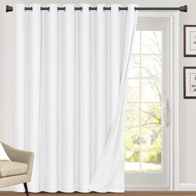 PrinceDeco 100% Blackout Curtains for Bedroom Blackout Linen Curtain for Sliding Glass Door Extra Wide Blackout Curtains Anti Rust Grommet Room Divider for Living Room,W100 X L108 Inch,Pure White