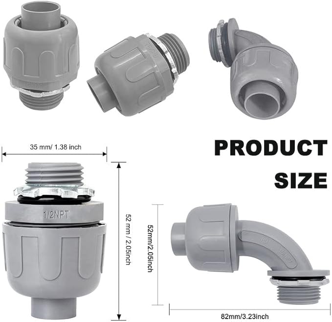 Wocloer 1/2 inch Liquid Tight Connector PVC Flexible Conduit Connector UL Listed Liquid Tight Conduit Fittings 10 Pack (5 pcs 180D/5 pcs 90D)