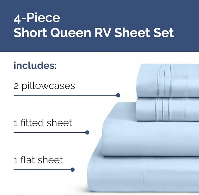 RV Short Queen Sheet Set 60 X 75 - 4 Piece RV Short Queen Bed Sheets - Soft, Breathable & Cooling - Designed for Bunks, Trailers & Campers - Fits 8” to 12" Mattress - Hotel Luxury Bedding - Light Blue