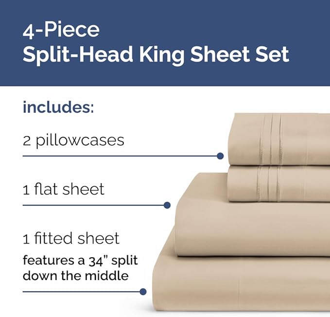 Split Head King Sheets Set - Top Split King Sheets for Adjustable Beds, Easy-Fit Split Head King Mattress - Flex Split Top King Sheets, Easy-Fit, Breathable, Deep Pocket Split King Sheets Set - Wheat