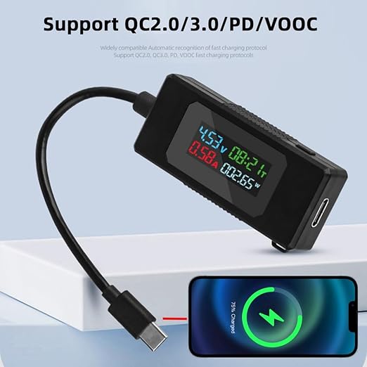 chenyang USB C Power Tester Digital Multimeter 4-30V 0-6.5A Color Screen Digital Display Real-Time Monitoring of Current/Voltage/Power/Work Time