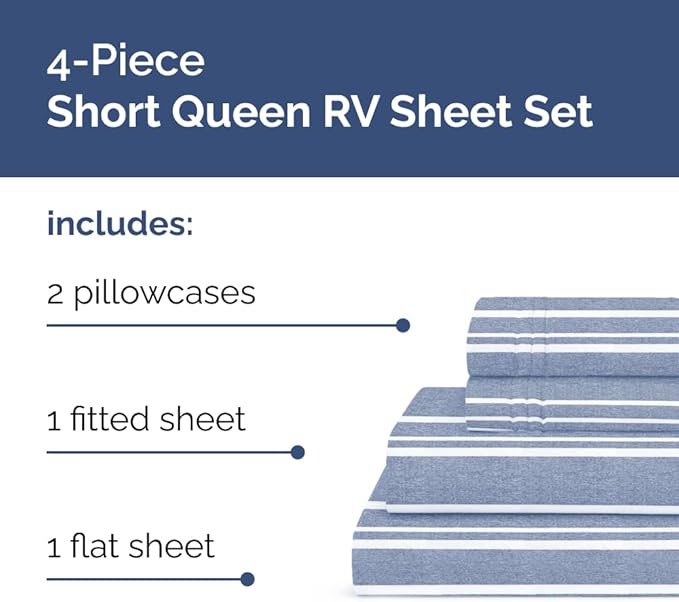 RV Short Queen Sheet Set 60 X 75 - 4 Piece RV Short Queen Bed Sheets - Soft, Breathable & Cooling - Designed for Bunks, Trailers & Campers - Fits 8” to 12" Mattress - Luxury Bedding - Blue Stripes 3