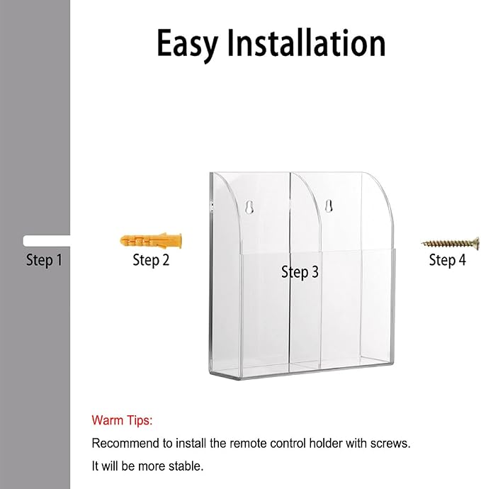 Hipiwe Wall Mount Remote Control Holder Acrylic Media Organizer, 2 Slots | - Image 4