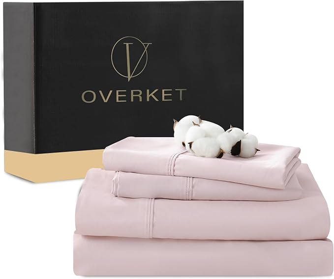 100% Egyptian Cotton Sheets King Size 4PCS 1000 Thread Count Sateen Weave Soft Breathable 16-Inch Deep Pocket （King,Light Pink）