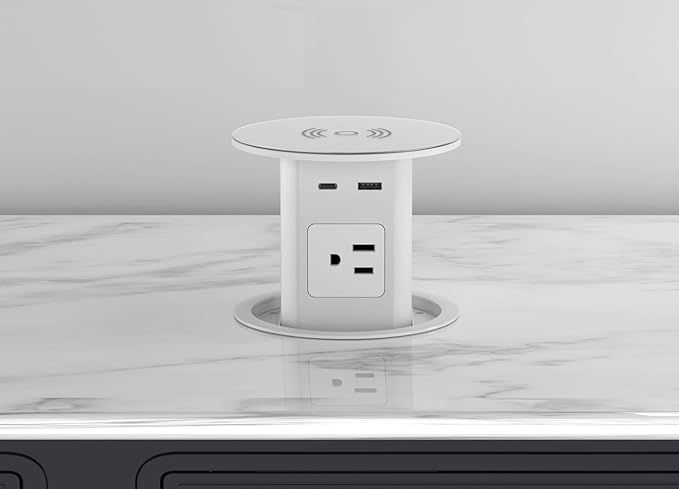 MAZZGOFOR Pop up Outlet - 4-inch Hole,4-AC Outlet,20W USB C,15W Wireless Charging,2-USB Port,Desktop Recessed Grommet Power Outlet for Kitchen Island Countertop,6 ft Cable,White