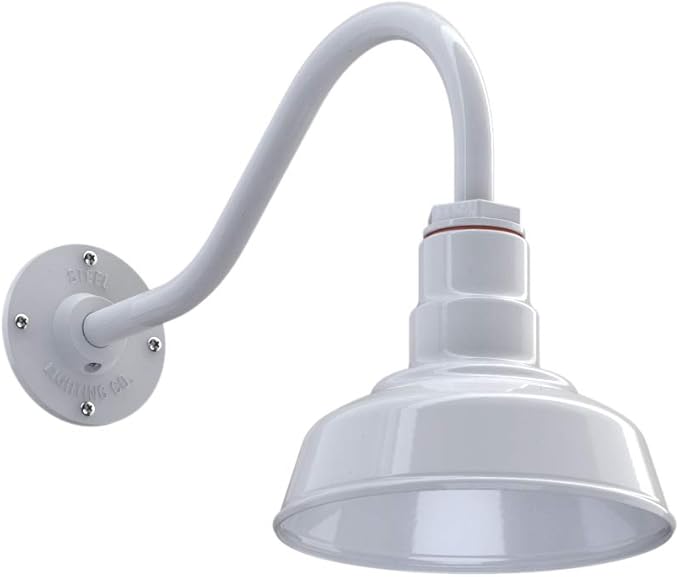 Steel Lighting Co. Hawthorne Barn Light | Outdoor Wall Mounted | 8 inch Dome | 16 inch Gooseneck| Small Farmhouse Light Made in America | White Exterior/White Interior