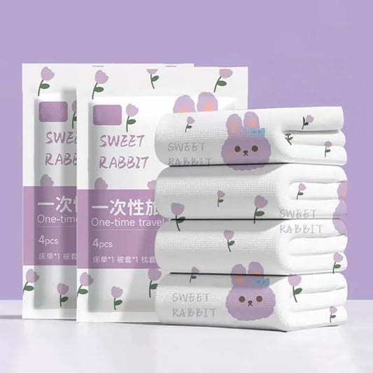 E I F E R Disposable Bed Sheets Fitted Sheet, Disposable Travel Sheets for Travel with Quilt Cover and Pillowcase, Disposable Bedding Travel Bedding Disposable Sheets for Hotel Hospital 4 PCS