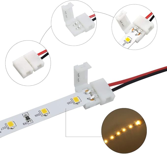 LightingWill 10pcs Pack Strip Wire Solderless Snap Down 2Pin Conductor LED Strip Connector for 8mm Wide 3528 2835 Single Color Flex LED Strips