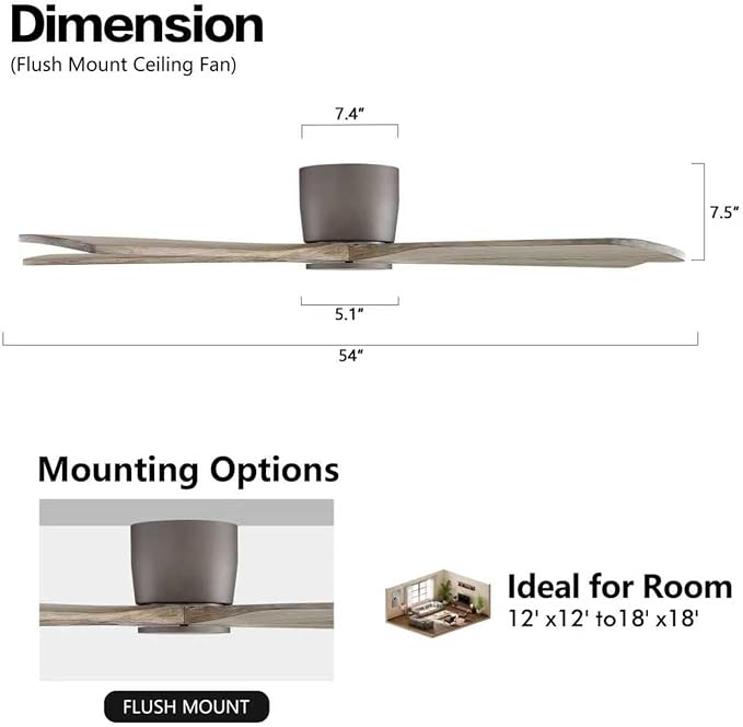 WINGBO 54" Flush Mount DC Ceiling Fans without Lights, 5 Carved Solid Wood Blades, 6-Speed Reversible DC Motor, Low Profile Hugger Ceiling Fan No Light for Living Room Bedroom Patio, Graphite and Gray