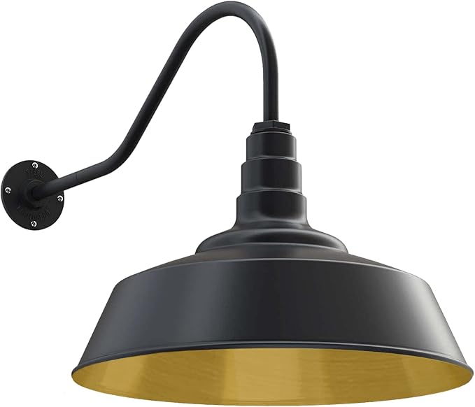 Steel Lighting Co. Large Outdoor Barn Light | Gooseneck Light Fixture | Made in America from 18-Gauge Steel | 20" Dome | 23" Gooseneck Matte Black Exterior/Brass Interior