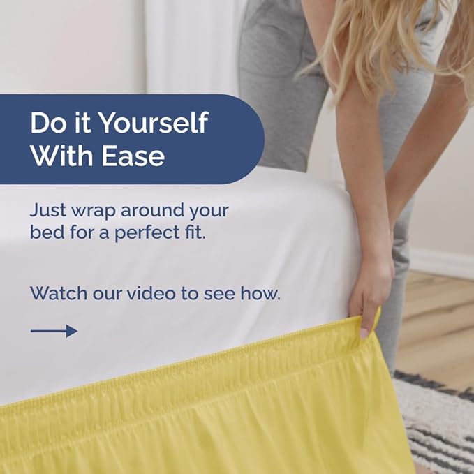 Wrap Around Dust Ruffle Bed Skirt - Yellow - for Queen Size Beds with 15 Inch Drop - Easy Fit Elastic Strap - Adjustable Pleated Bedskirt w/Brushed Fabric Wrinkle Free - for Women, Men, Kids & Teens
