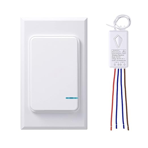 Thinkbee Wireless Light Switch and Receiver Kit, Mini Remote Control Switch with Wall Plate for Ceiling Lights, Lamps, Lighting Fixture, No Wiring No WiFi Needed, Outdoor 1969ft Indoor 328ft RF Range