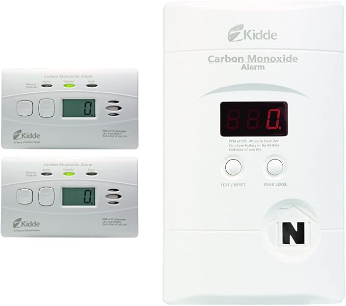 Kidde Carbon Monoxide Detector with Long-Life Lithium Battery, Digital Display, 3 LEDs, Pack of 2 & Nighthawk Carbon Monoxide Detector, AC-Plug-in with Battery Backup, Digital Display