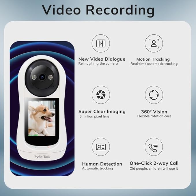 Bobotails Pet Camera for Dogs Cats - 5MP 1080P Indoor Smart Camera with 360° Vision, Motion Tracking, 2-Way Audio, Human Detection & 32ft Night Vision for Baby and Pet Monitor