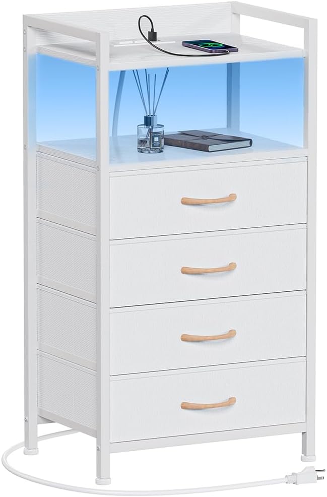 White Nightstand with Charging Station, Small Dresser by Furnulem