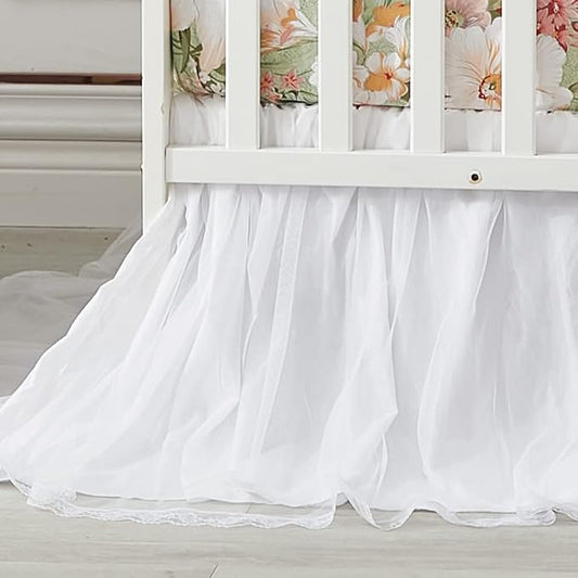 Brandream Crib Bed Skirt for Baby Girls Boys White Lace Tulle Ballerina Girls Dust Ruffle Double Layered with Solid Cotton Toddler Bedskirt