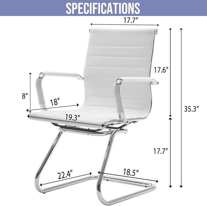 Wahson Office Guest Chairs Set of 6, Leather Reception Chairs, Mid Back Waiting Room Chair, Conference Chairs with Sled Base, Desk Chair No Wheels for Meeting/Lobby/Restroom, White