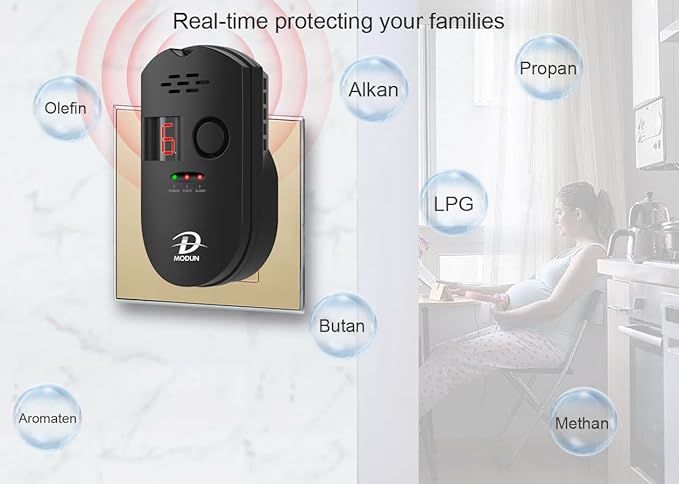 D MODUN Gas Detector, Natural Gas/LPG/City Coal Gas Leak Detector, Plug-in Sensor Gas Monitor with Sound Alarm and LED Display, Methane Propane Butane Combustible Gas Alarm for Kitchen RV Garage-Black