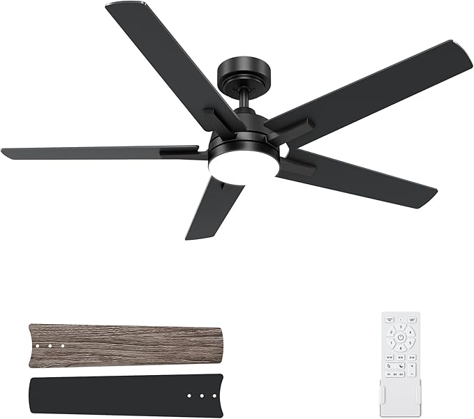 SODSEA Ceiling Fans with Lights, 52 Inch Black Ceiling Fan with Light and Remote Control, Reversible, 3CCT, Dimmable, Noiseless, Small Ceiling Fan for Bedroom, Indoor/Outdoor Use