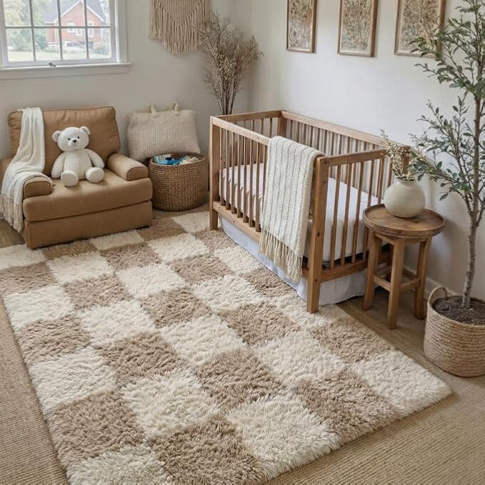 Beige 4x6 Area Rug for Kids Room Soft Fluffy Checkered Shag Carpet | Machine by PureCozy