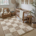 Beige 4x6 Area Rug for Kids Room Soft Fluffy Checkered Shag Carpet | Machine by PureCozy