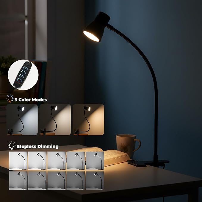 Eye-Caring Clip On Desk Lamp, 3 Color Modes & 10 Brightness LED Reading Light - Image 3