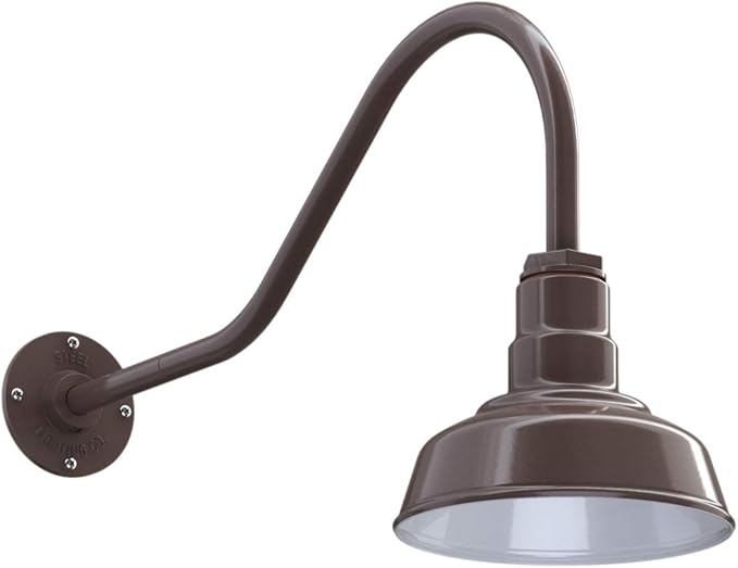 Steel Lighting Co. Hawthorne Barn Light | Outdoor Wall Mounted | 8 inch Dome | 23 inch Gooseneck| Small Farmhouse Light Made in America | Dark Bronze Exterior/White Interior
