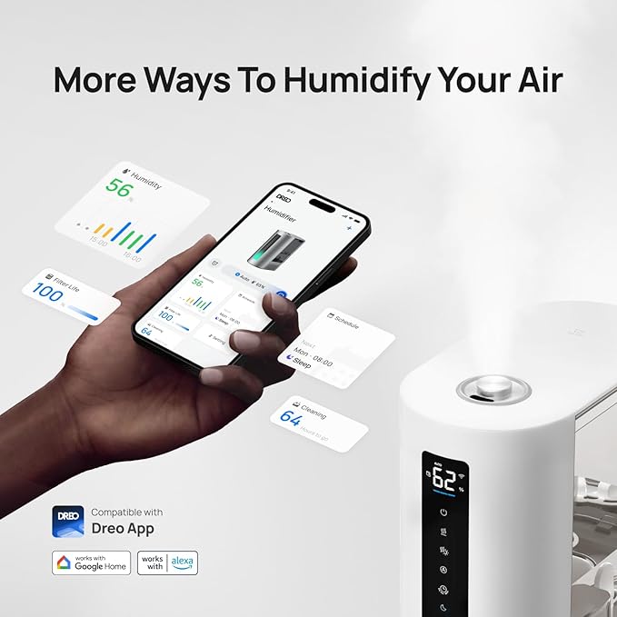 Dreo 6L Humidifiers for Bedroom, Smart Warm & Cool Mist for Large Room, 60Hr Quiet Runtime for Baby, Plant, Humidity Sensor, Indicator Light, 12H Timer, Google/Alexa, Grey